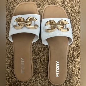 Gold and White Chain Slide Sandals